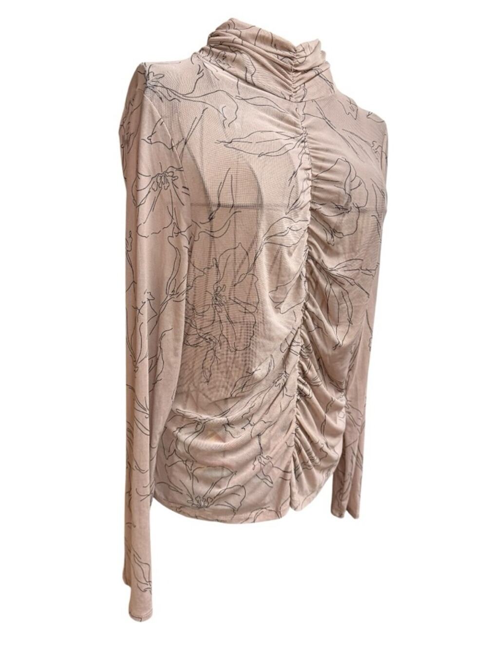 Ruched Sheer Mock Neck Long Sleeve Top - Blush Large